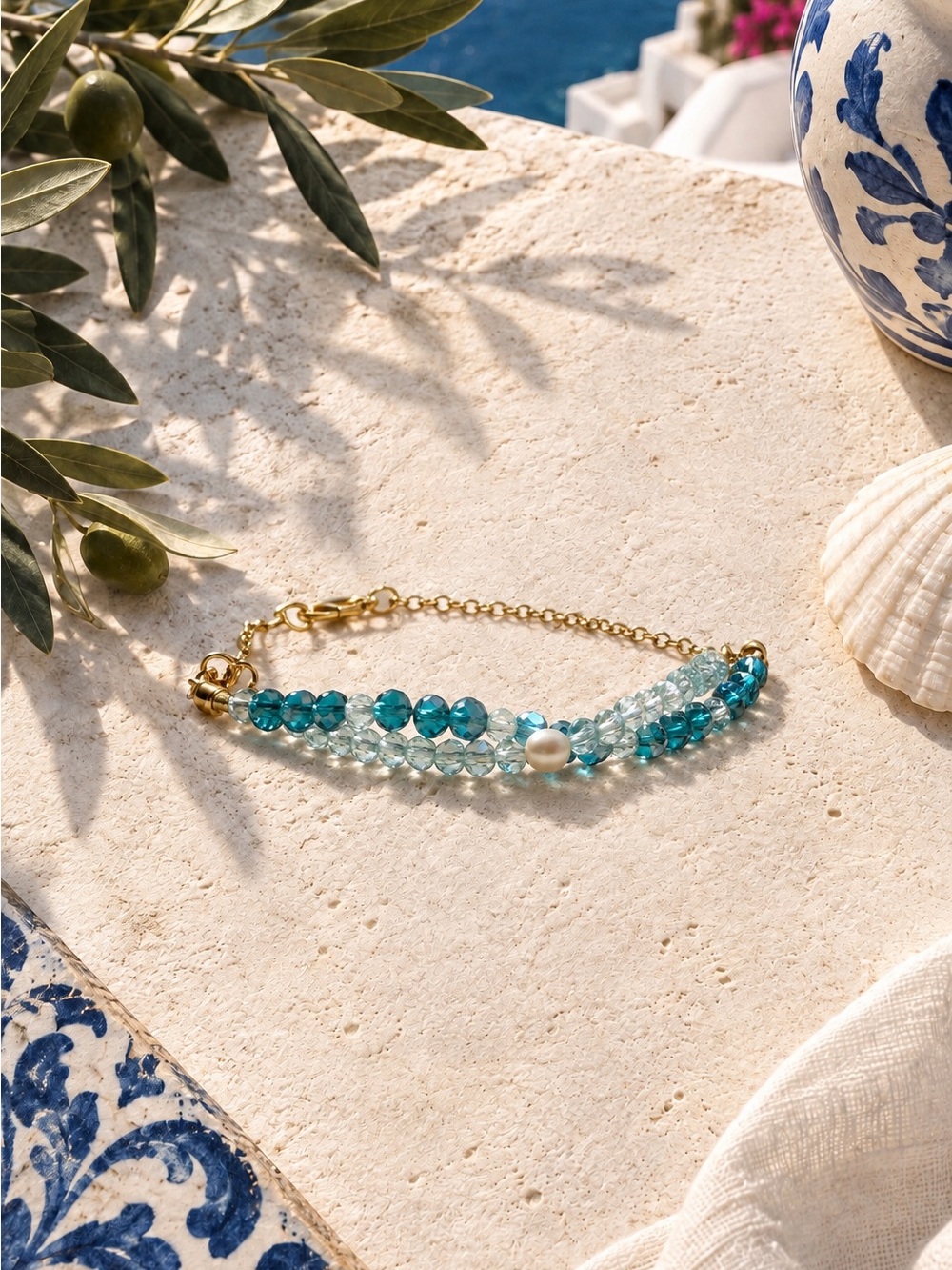 Glass Beaded Bracelet with Real Pearl Accent - Gold Plated Chain